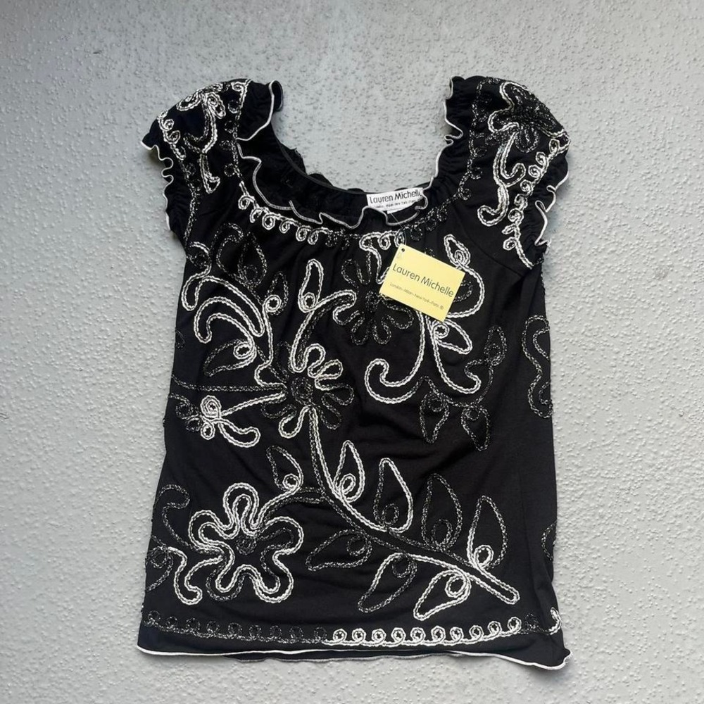 Y2K Deadstock Lauren Michelle black and white beaded Floral top Size Small